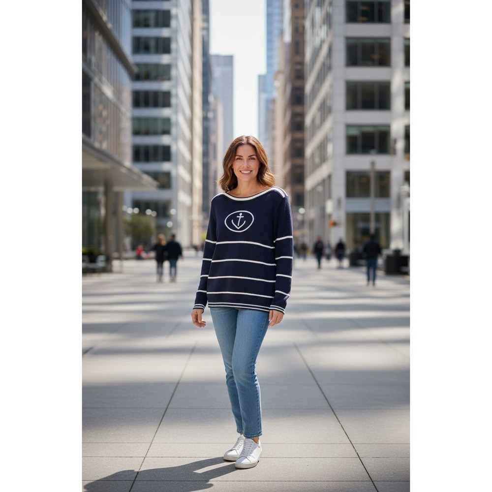 Jason  Maxwell 00s Navy Blue‎ Stripe Boatneck Pullover Sweater.Beachy